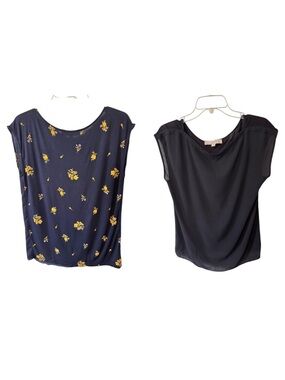 2 Loft Short Sleeve Sheer Tops Sz Small Oversized Navy Yellow Flowers &All Black